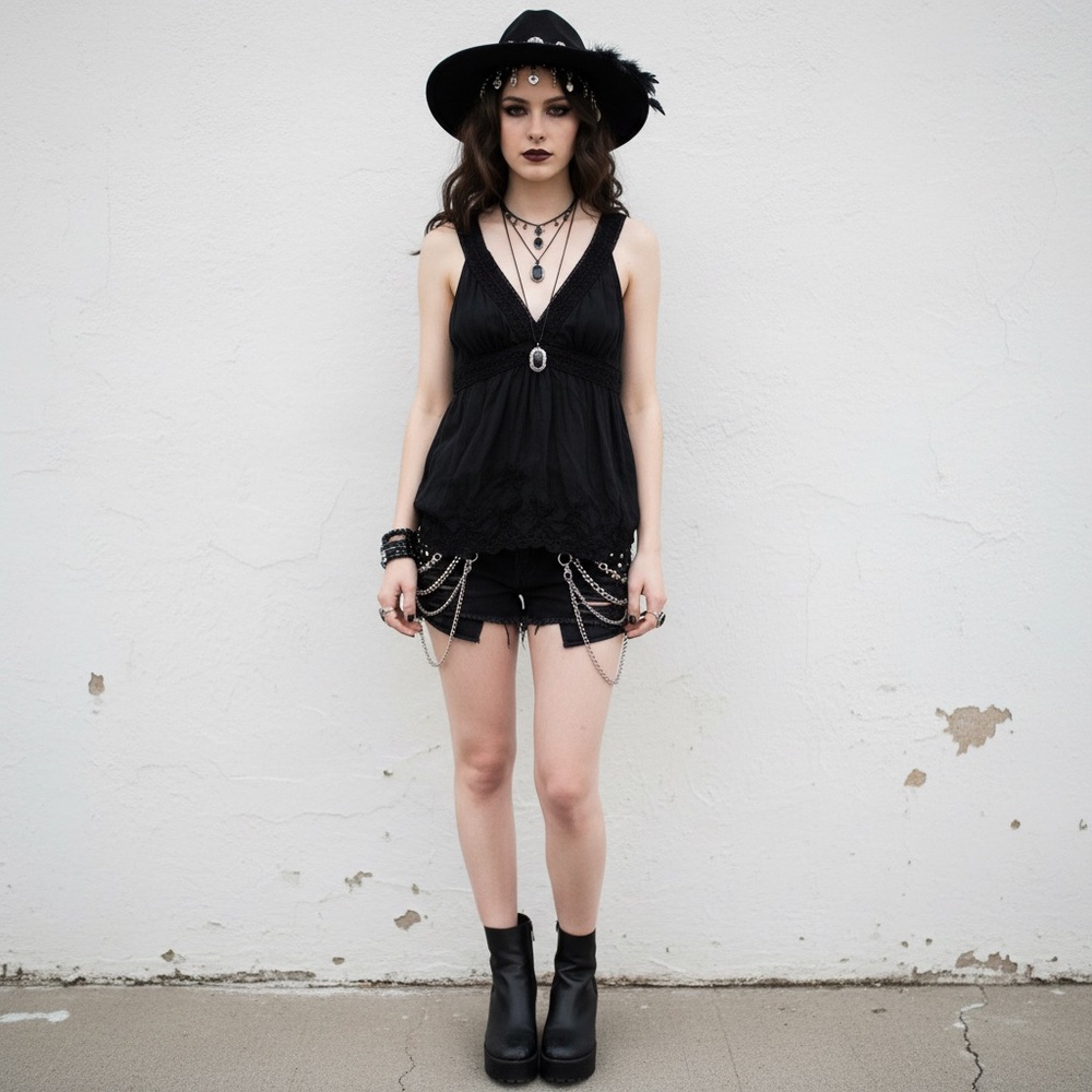 Naked‎ Zebra Black Lace Trim Babydoll Sleeveless Tank M Silk Cotton Goth Witchy